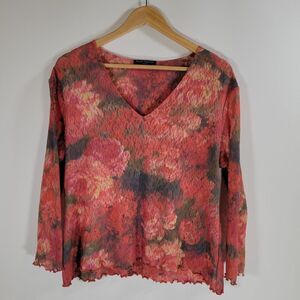 VICTOR CARLINI Floral Lace Top Sz XL Lettuce Trim 90s 2000s Watercolor Pink